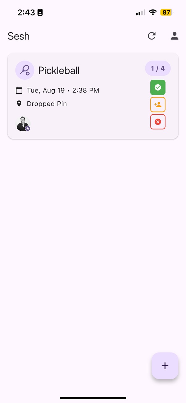 Sesh app preview showing a local pickleball meetup and player availability