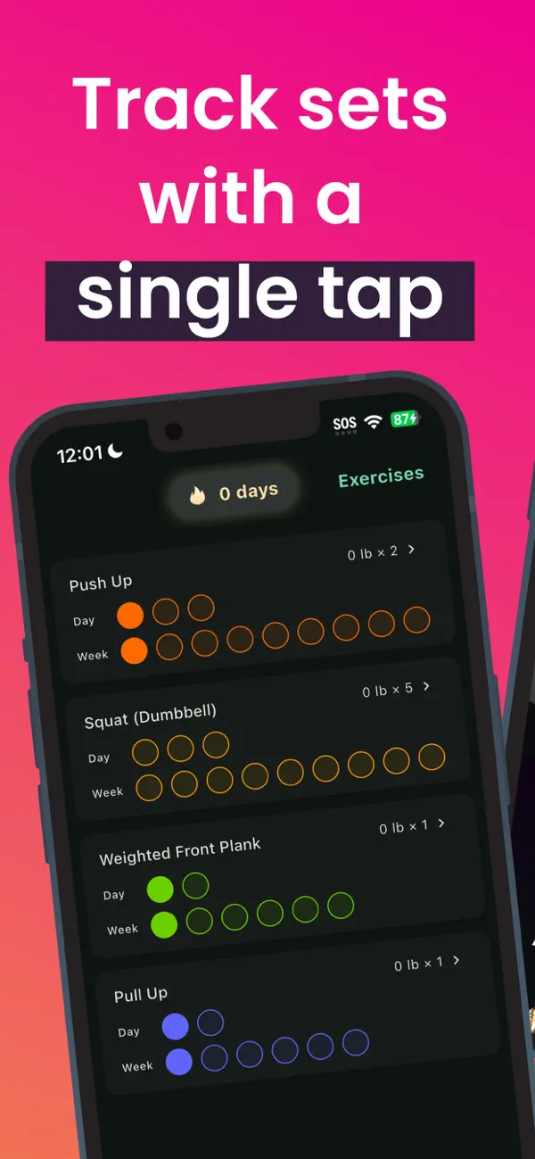 SimpleSets App Store screenshot showing single-tap strength training logs